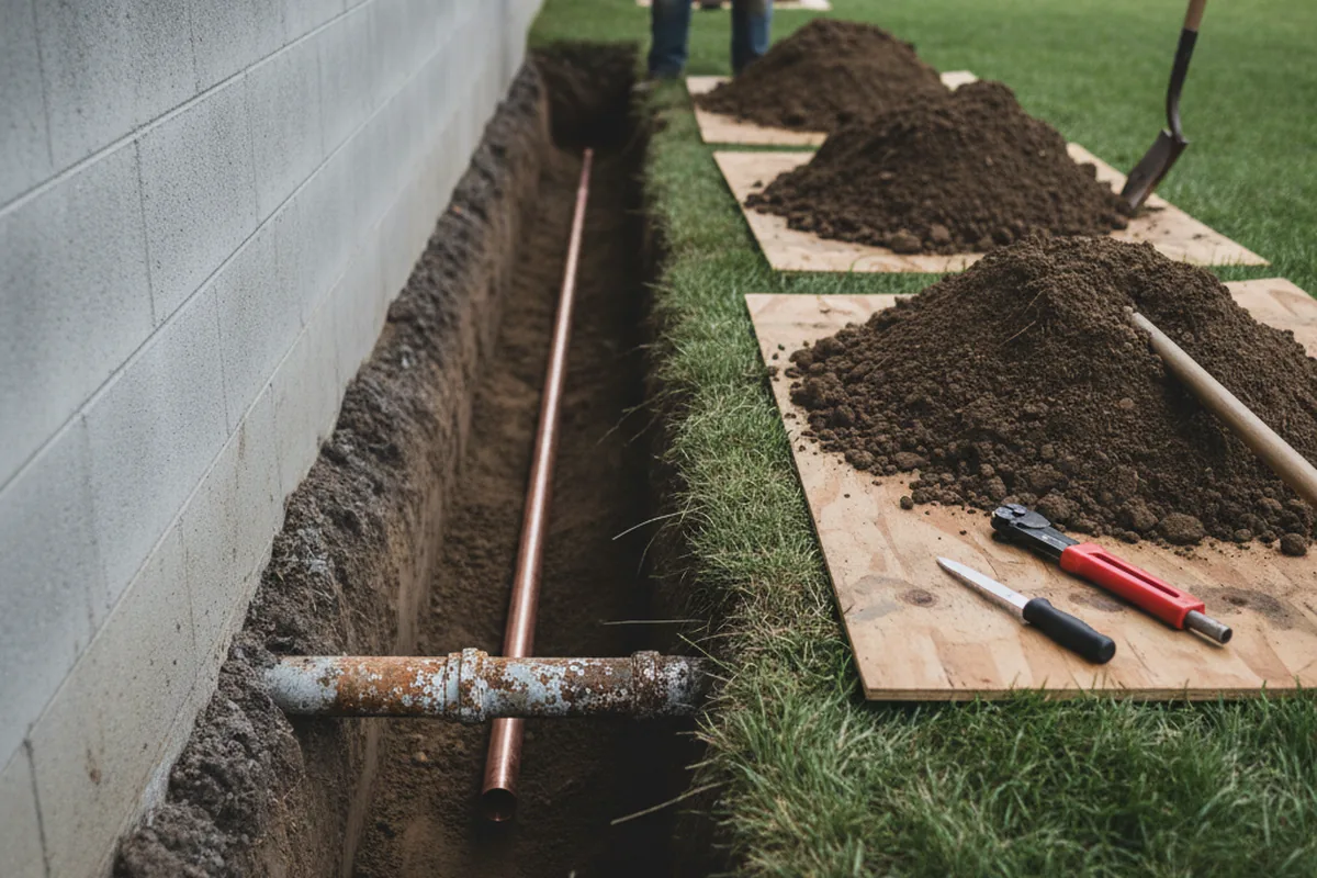 Excavated water line trench during Water Softener Installation in Gray Mountain